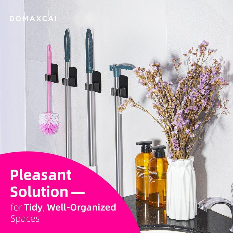 DOMAXCAI حامل مكنسة مثبت على الحائط 8 قطع، حامل مكنسة وممسحة مضاد للانزلاق، حامل مكنسة للمطبخ، الحمام، الخزانة، الحديقة، المرآب، أسود - Image 4